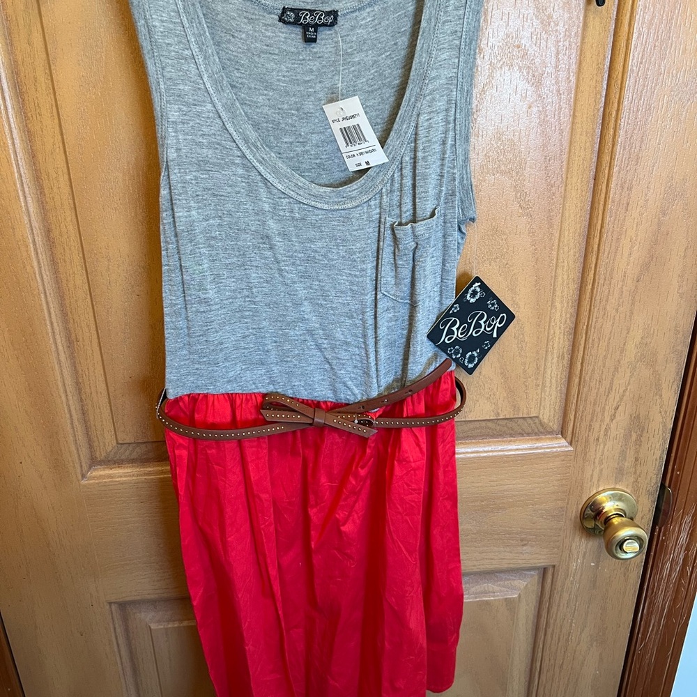 BeBop Gray and Red Sleeveless Dress with Brown Belt